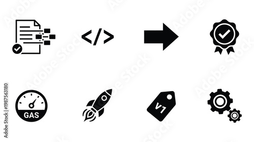 a set of black and white icons representing coding and development process, including a document, coding symbols, a rocket, and gears, useful for business, technology, and education materials
