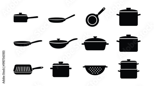 a collection of black silhouettes of kitchen utensils and cookware, including pots, pans, and cooking accessories, on a white background, useful for design, advertising, and educational purposes