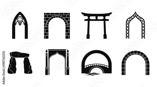 a collection of black silhouette architectural arches and gateways on a white background, featuring various styles and designs