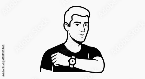 Black and White Vector Illustration of a Man Checking His Wristwatch