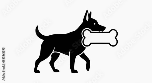 Black Dog Silhouette Carrying a Large Bone Vector Icon