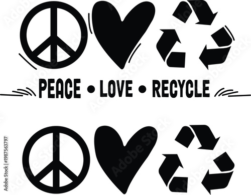 Peace Love Recycle SVG Vector Black Earth Day Typography Design Bundle