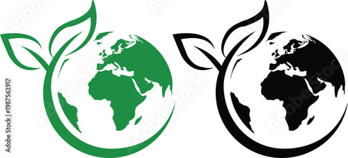 Eco Earth Leaf Logo Vector Green Black Globe Plant Growth Symbol Design
