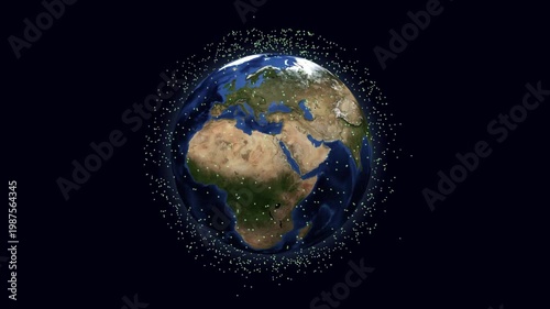 Earth spins, surrounded by countless orbiting satellites