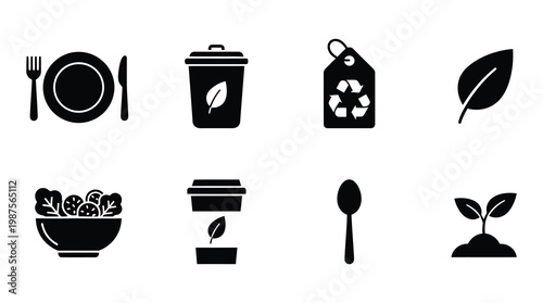 a set of black icons representing eco friendly practices, including recycling, sustainable food, and environmentally friendly products, useful for marketing materials focused on green living