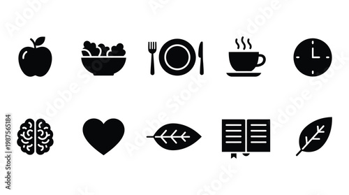 a collection of black icons representing a healthy lifestyle and wellness, including food, heart, brain, and leaf symbols, ideal for use in marketing, advertising, and educational materials