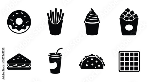 A set of black and white icons representing various fast food items on a white background, suitable for use in restaurant menus, food blogs, or advertising campaigns.
