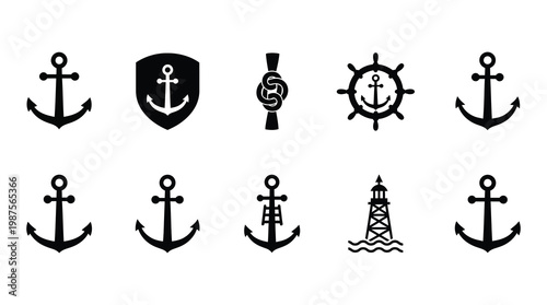 A collection of black nautical icons on a white background, featuring various anchor designs, a lighthouse, and a ship's wheel, suitable for maritime or navigation themes in design projects.
