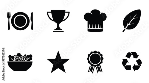 a set of black icons representing food, awards, eco-friendliness and culinary concepts on a white background, useful for marketing, advertising and educational materials