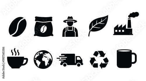 a collection of icons representing sustainable coffee production, recycling, and eco friendly practices