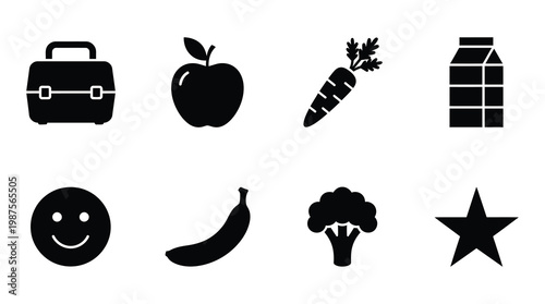 a set of black icons representing healthy food and a lunchbox on a white background, suitable for use in nutrition, wellness, or education materials