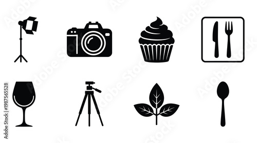 a collection of black icons representing photography, food, and drink on a clean white background, suitable for use in design, advertising, and marketing materials