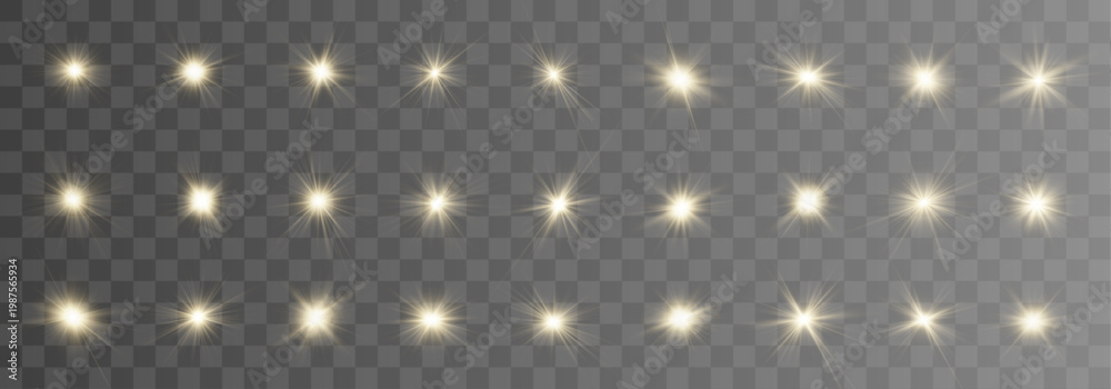 Fototapeta premium Shimmering golden stars set floats on dark abstract background. Bright spark effects add magical festive glow. Vector star collection for artwork use.
