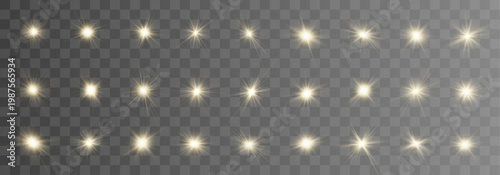 Shimmering golden stars set floats on dark abstract background. Bright spark effects add magical festive glow. Vector star collection for artwork use.