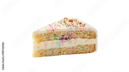 Decadent ice cream dessert cake slice with colorful sprinkles on white frosting and golden topping on a clean background