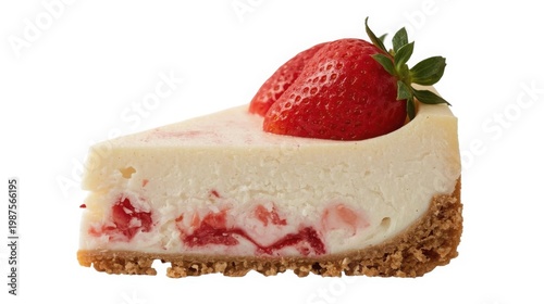 Decadent slice of strawberry cheesecake with graham cracker crust and fresh strawberry on top isolated on white background