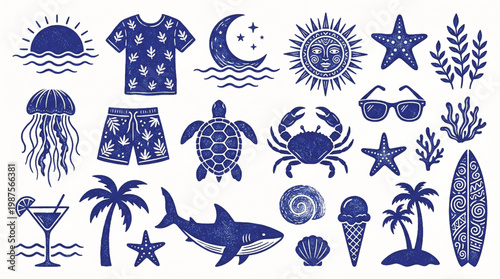 Tropical beach vacation icons set with textured blue ink style featuring sea life palm trees and summer apparel for creative travel design and merchandise graphic projects.