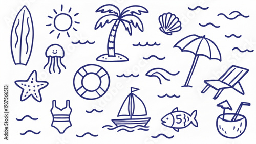 Simple beach vacation doodle icons set with palm trees sun and marine life in blue line art style for summer travel promotion and creative web design elements.