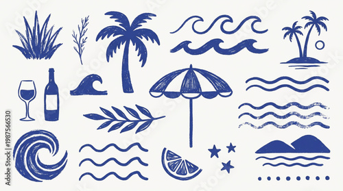 Summer beach vacation icons set featuring waves cocktails and palm trees in textured blue ink style for travel branding and creative seasonal design assets.