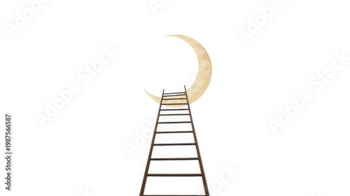 A delicate ladder with slender rungs reaches towards a crescent moon in a serene white background
