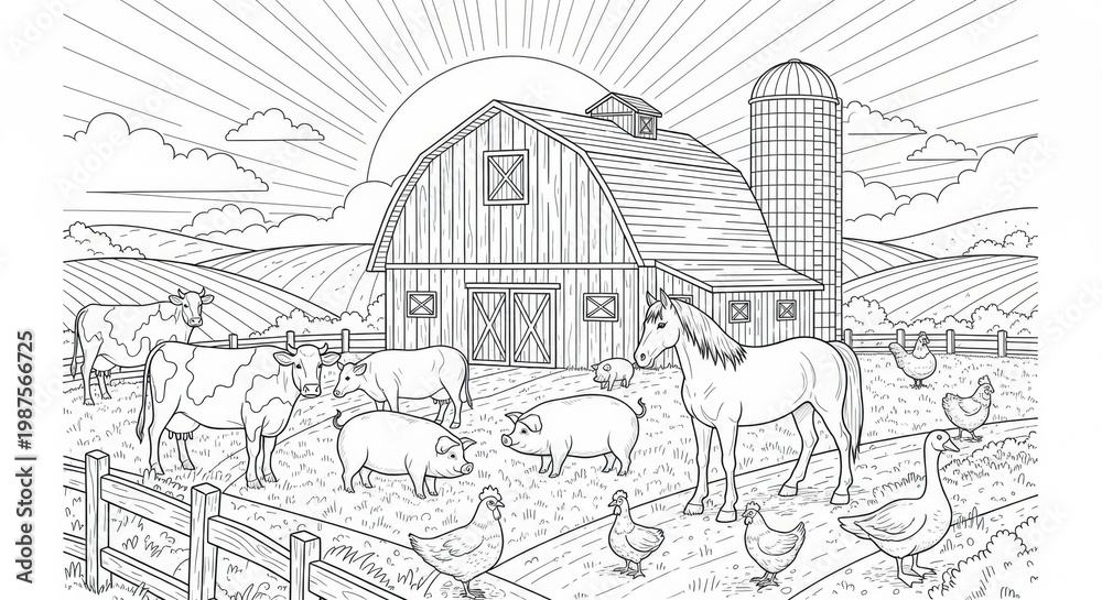 Fototapeta premium Sketch of a farm scene with barn silo and surrounding landscape