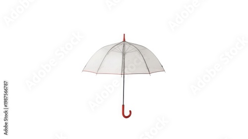 Delicate white transparent umbrella with red handle and tip on white background