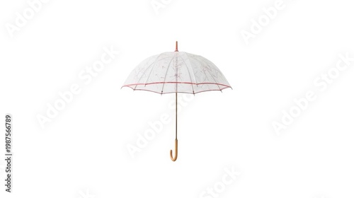 Delicate white umbrella with pink trim and wooden handle on plain background