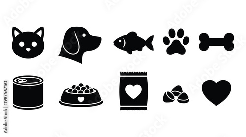 Minimalist black and white illustration of pet care items including food, toys, and accessories. Ideal for veterinary clinics, pet stores, animal shelters, and educational materials on pet ownership.