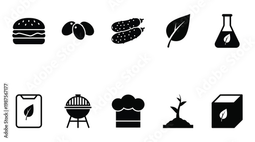 a collection of black icons representing food, cooking, and eco friendly concepts on a white background, suitable for use in marketing, advertising, and educational materials