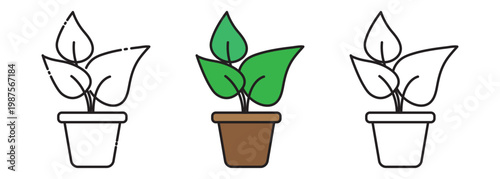 Plant in pot icon set in line and solid styles isolated on transparent background. Simple agriculture and growth symbols with editable stroke, ideal for eco, gardening, flower shop, nature themes
