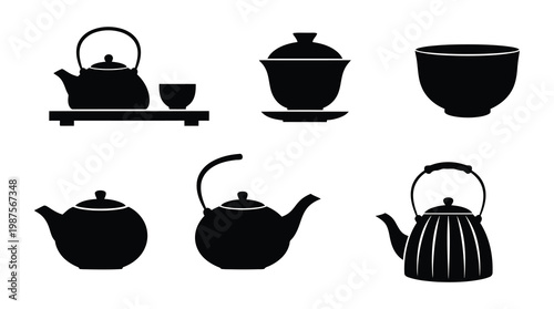 A graphic collection of various black silhouette tea pots and cups arranged on a white background. This versatile set is ideal for culinary, beverage, or cultural design projects.