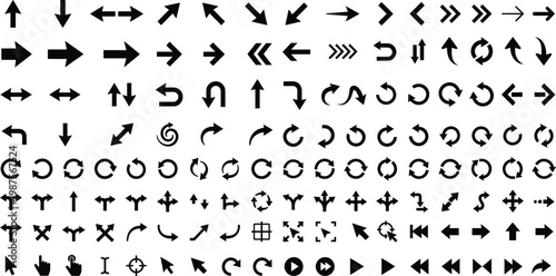 Collection of hand drawn black and white arrows symbols and abstract shapes