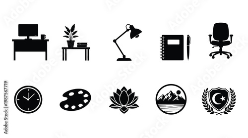 A curated set of silhouette icons featuring office furniture, stationery, artistic tools, and symbolic emblems. Ideal for use in business, education, or design projects.