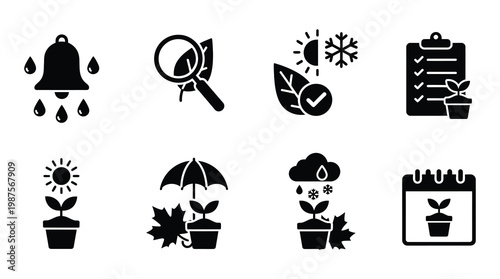 a set of black icons depicting gardening and weather concepts on a white background, including plants, sun, rain, snow, and calendar
