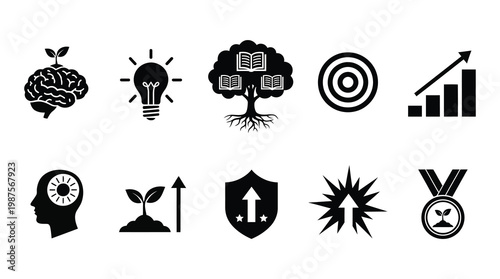 A collection of black business icons representing concepts such as growth, strategy, success, and achievement, ideal for use in marketing, advertising, and educational materials.