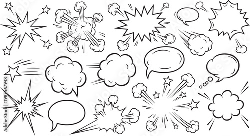 Dynamic vector speech bubbles explosion effects hand drawn comic book elements for design