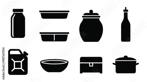 a collection of black kitchen utensil and dish icons on a white background, including a bottle, bowl, pot, and more, for use in design and culinary themes