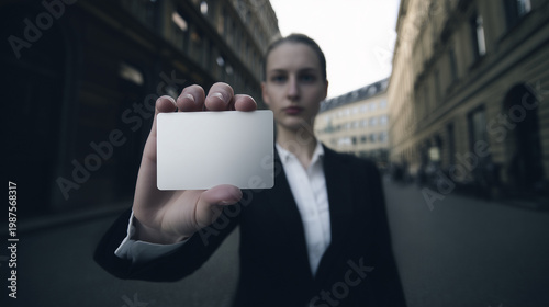 Close-up of a professional woman holding a blank business card toward the camera in a city environment. Ideal for branding, identity, and corporate design mockups.