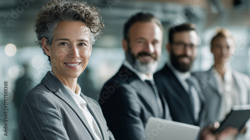 Professional business team posing confidently in a modern office environment. Focus on leadership, teamwork, and corporate success.