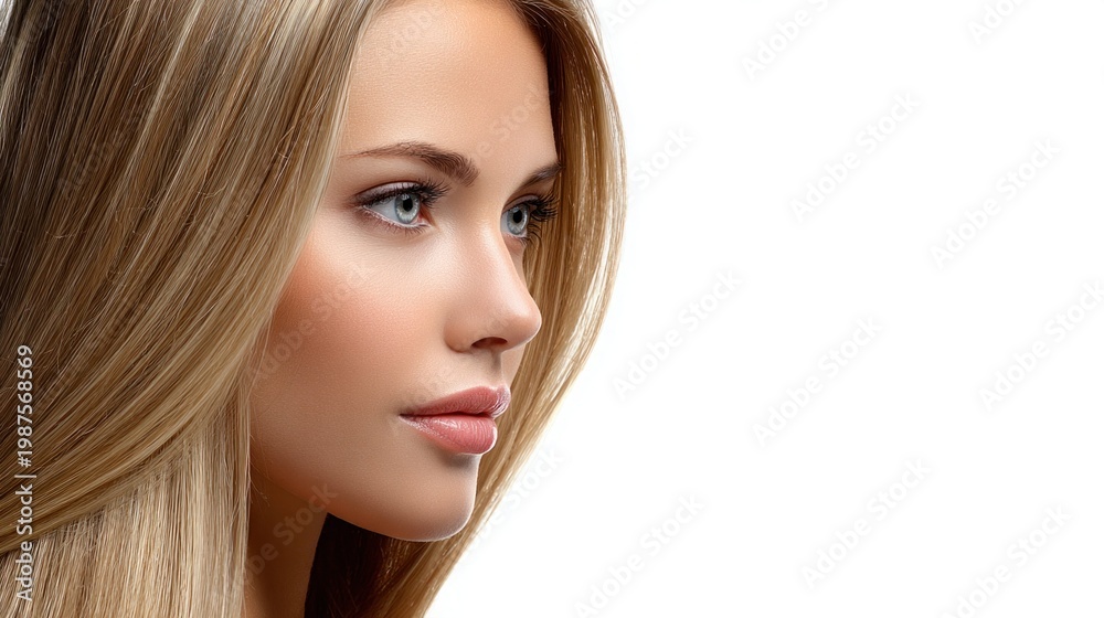 Naklejka premium Beautiful blonde woman with blue eyes and perfect skin in profile view
