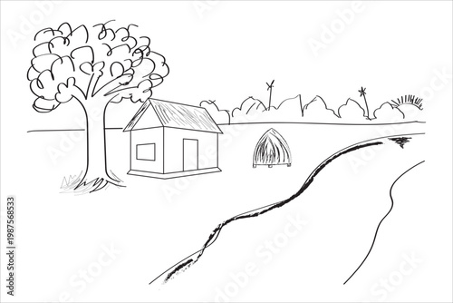Rural landscape sketch with house, tree and haystack