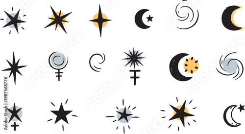 Celestial vector icons stars moons and spirals diverse graphic elements