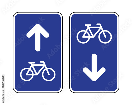 Bicycle Direction Signs Vector Set Blue Mandatory Bike Lane Arrows Up and Down, Cycling Direction Road Signs for Urban Traffic Guidance and Road Safety Design