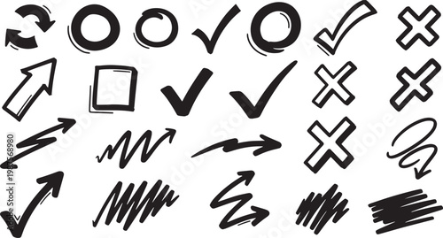 Hand drawn vector elements arrows checks and scribbles for design illustration
