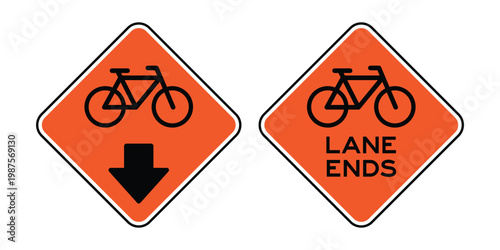 Bicycle Lane Ends Construction Warning Signs Vector Orange Diamond Bike Lane End and Down Arrow Signs for Roadworks, Cycling Safety and Traffic Control Design