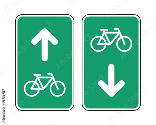 Bicycle Direction Signs Vector Set Green Bike Lane Arrows Up and Down, Cycling Direction Road Signs for Urban Traffic Guidance and Eco Transport Design