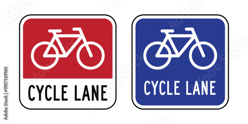 Cycle Lane Signs Vector Set Red and Blue Bicycle Lane Icons, Bike Lane Road Signs Collection for Urban Cycling, Traffic Guidance and Road Safety Design
