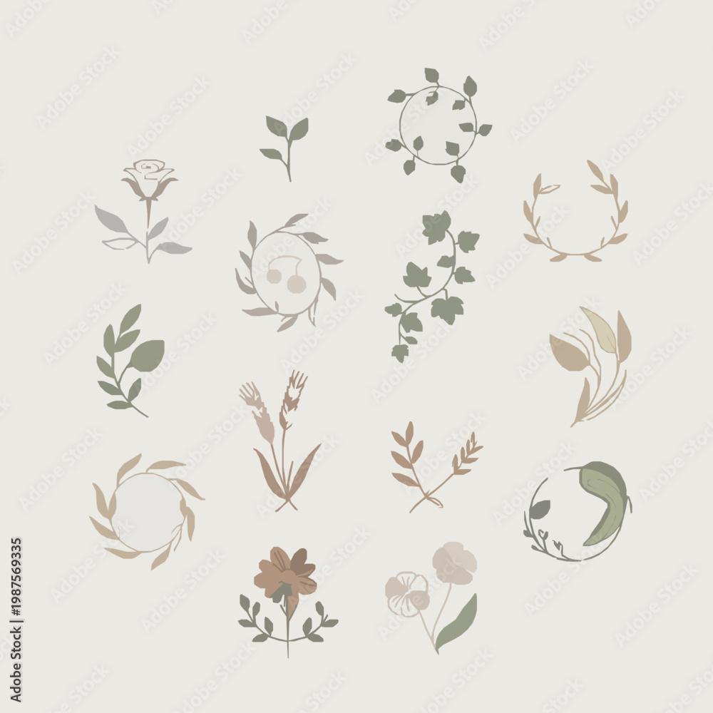 Fototapeta premium Minimalist spring flowers and leaves decorative vector elements set for branding