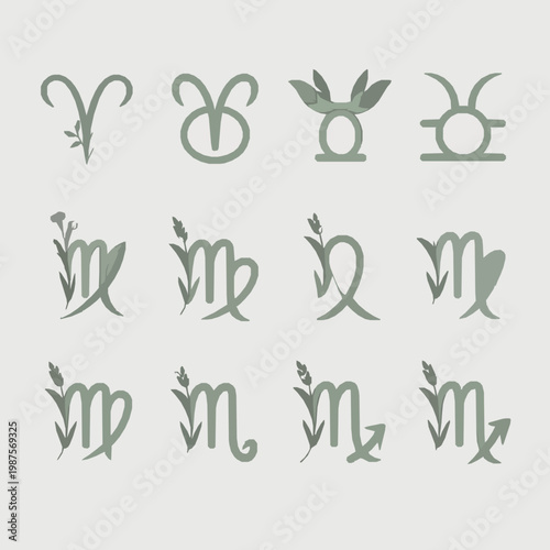 Minimalist green virgo and aries zodiac signs vector graphic set
