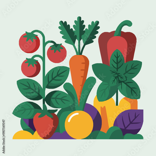 Fresh garden vegetables and fruits illustration on light background